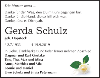 Traueranzeige von Gerda Schulz von Super Sonntag Bernburg / Sangerhausen