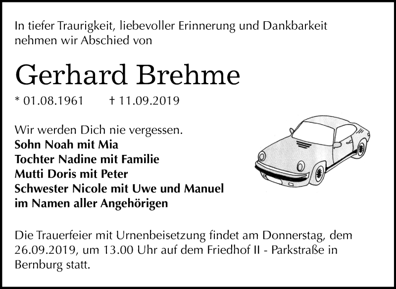  Traueranzeige für Gerhard Brehme vom 16.09.2019 aus Mitteldeutsche Zeitung Bernburg