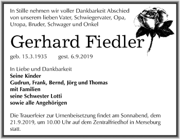 Traueranzeige von Gerhard Fiedler von Mitteldeutsche Zeitung Merseburg/Querfurt
