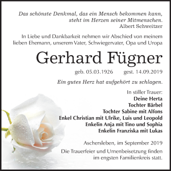 Traueranzeige von Gerhard Fügner von Mitteldeutsche Zeitung Aschersleben