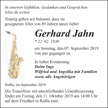 Traueranzeige von Gerhard Jahn von Mitteldeutsche Zeitung Sangerhausen
