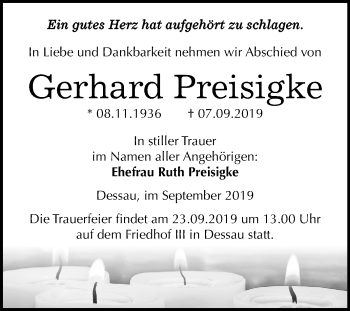Traueranzeige von Gerhard Preisigke von Mitteldeutsche Zeitung Dessau-Roßlau