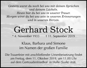Traueranzeige von Gerhard Stock von Mitteldeutsche Zeitung Halle/Saalkreis