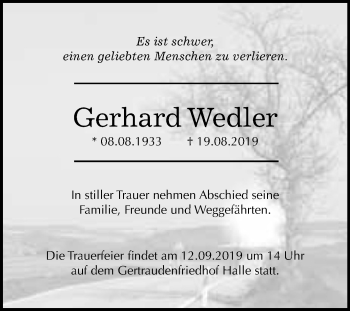 Traueranzeige von Gerhard Wedler von Mitteldeutsche Zeitung Halle/Saalkreis