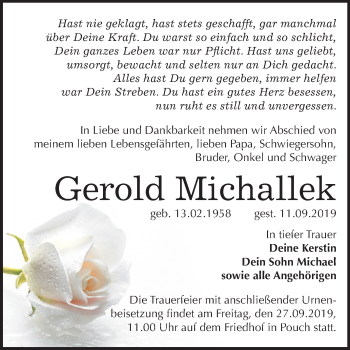 Traueranzeige von Gerold Michallek von Wochenspiegel Bitterfeld