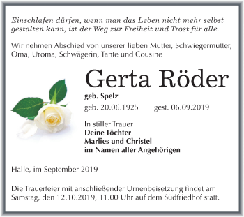 Traueranzeige von Gerta Röder von Mitteldeutsche Zeitung Halle/Saalkreis