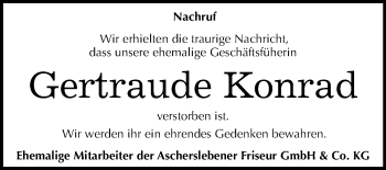 Traueranzeige von Gertraude Konrad von Super Sonntag Aschersleben
