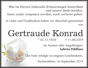 Traueranzeige von Gertraude Konrad von Super Sonntag Aschersleben