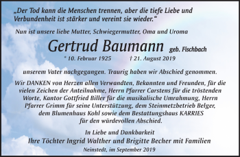 Traueranzeige von Gertrud Baumann von Mitteldeutsche Zeitung Quedlinburg