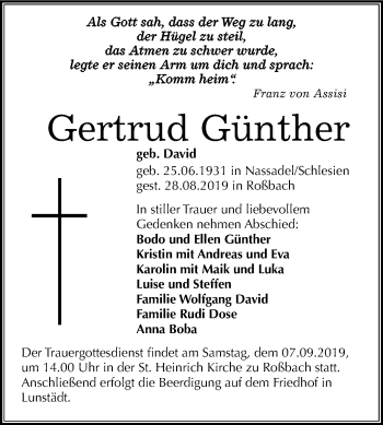 Traueranzeige von Gertrud Günther von Wochenspiegel Merseburg/Querfurt / Weißenfels