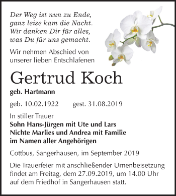 Traueranzeige von Gertrud Koch von Super Sonntag Sangerhausen