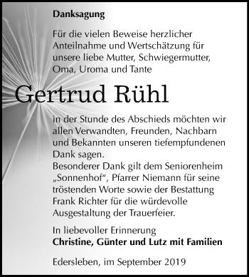 Traueranzeige von Gertrud Rühl von Super Sonntag Sangerhausen