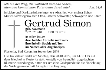 Traueranzeige von Gertrud Simon von Mitteldeutsche Zeitung Wittenberg