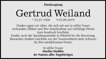 Traueranzeige von Gertrud Weiland von Super Sonntag Sangerhausen