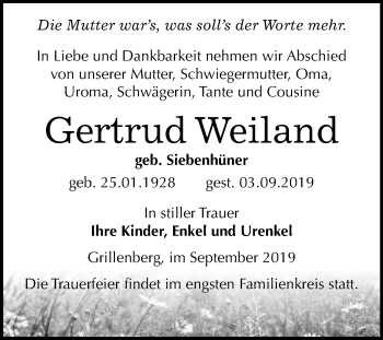 Traueranzeige von Gertrud Weiland von Wochenspiegel Sangerhausen