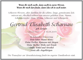 Traueranzeige von Gertrud Elisabeth Scharnau von Wochenspiegel Mansfelder Land