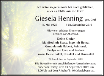 Traueranzeige von Giesela Henning von Mitteldeutsche Zeitung Quedlinburg