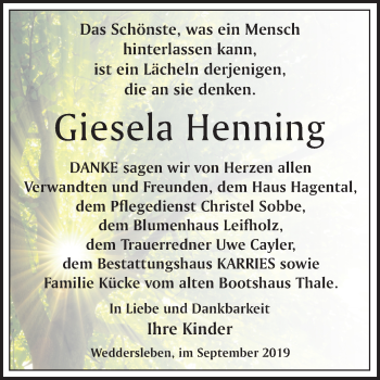 Traueranzeige von Giesela Henning von Super Sonntag Quedlinburg