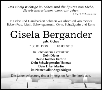 Traueranzeige von Gisela Bergander von Mitteldeutsche Zeitung Halle/Saalkreis