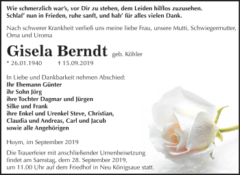 Traueranzeige von Gisela Berndt von Mitteldeutsche Zeitung Aschersleben