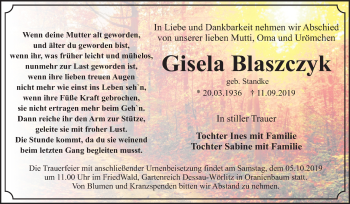 Traueranzeige von Gisela Blaszczyk von Mitteldeutsche Zeitung Dessau-Roßlau