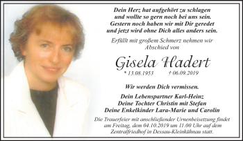 Traueranzeige von Gisela Hadert von Super Sonntag Dessau-Roßlau