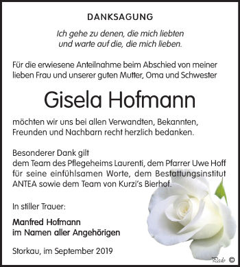 Traueranzeige von Gisela Hofmann von Wochenspiegel Weißenfels