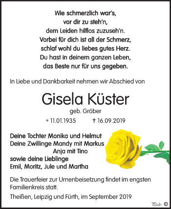 Traueranzeige von Gisela Küster von Mitteldeutsche Zeitung Zeitz