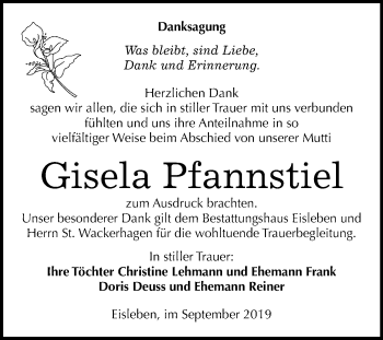 Traueranzeige von Gisela Pfannstiel von Mitteldeutsche Zeitung Mansfelder Land