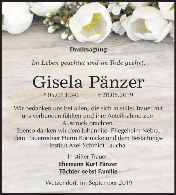 Traueranzeige von Gisela Pänzer von Mitteldeutsche Zeitung Naumburg/Nebra