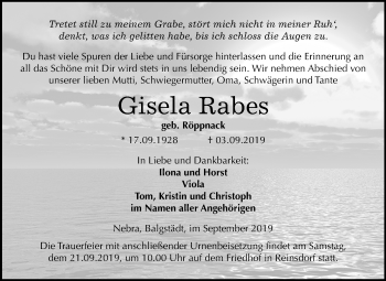 Traueranzeige von Gisela Rabes von Mitteldeutsche Zeitung Naumburg/Nebra
