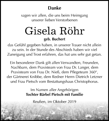 Traueranzeige von Gisela Röhr von Mitteldeutsche Zeitung Halle/Saalkreis