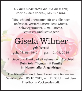 Traueranzeige von Gisela Wilmer von Super Sonntag Wittenberg