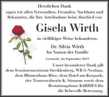 Traueranzeige von Gisela Wirth von Super Sonntag Quedlinburg
