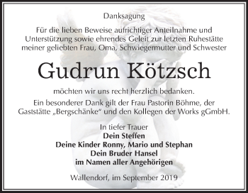 Traueranzeige von Gudrun Kötzsch von Super Sonntag Merseburg/Querfurt
