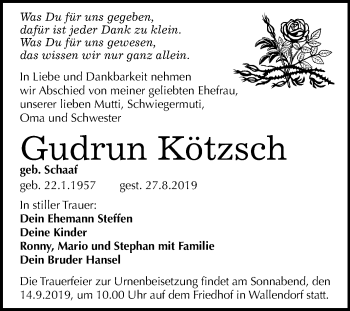 Traueranzeige von Gudrun Kötzsch von Mitteldeutsche Zeitung Merseburg/Querfurt
