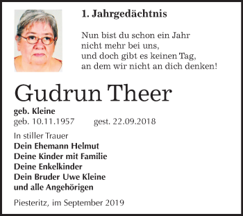 Traueranzeige von Gudrun Theer von Super Sonntag Wittenberg