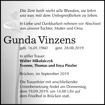 Traueranzeige von Gunda Vinzens von Super Sonntag Sangerhausen