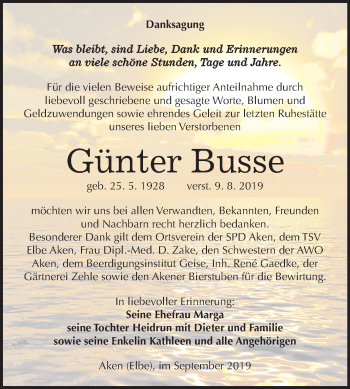 Traueranzeige von Günter Busse von Super Sonntag Köthen