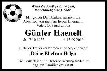 Traueranzeige von Günter Haenelt von Mitteldeutsche Zeitung Wittenberg