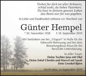 Traueranzeige von Günter Hempel von Mitteldeutsche Zeitung Weißenfels