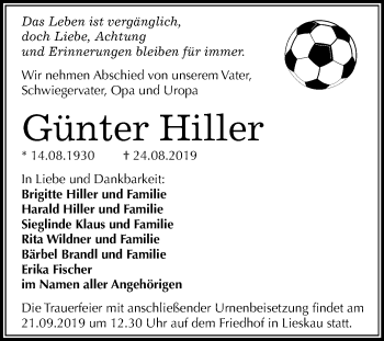 Traueranzeige von Günter Hiller von Mitteldeutsche Zeitung Halle/Saalkreis