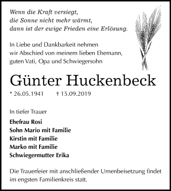 Traueranzeige von Günter Huckenbeck von Super Sonntag Bernburg