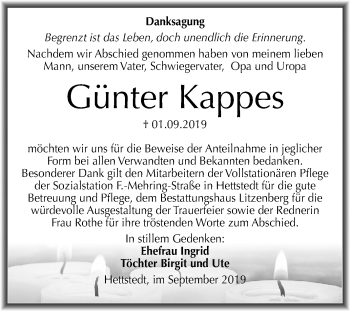 Traueranzeige von Günter Kappes von Mitteldeutsche Zeitung Mansfelder Land