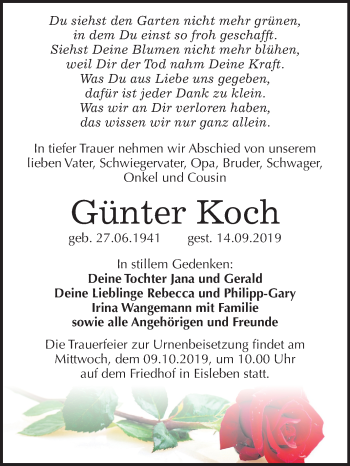 Traueranzeige von Günter Koch von Mitteldeutsche Zeitung Mansfelder Land