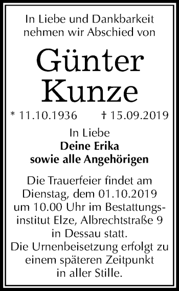 Traueranzeige von Günter Kunze von Super Sonntag Wittenberg