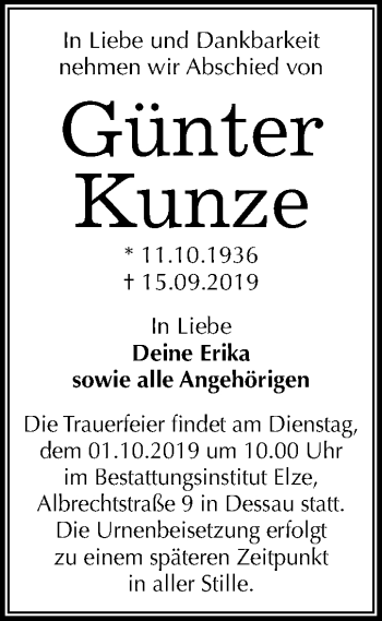 Traueranzeige von Günter Kunze von Mitteldeutsche Zeitung Dessau-Roßlau