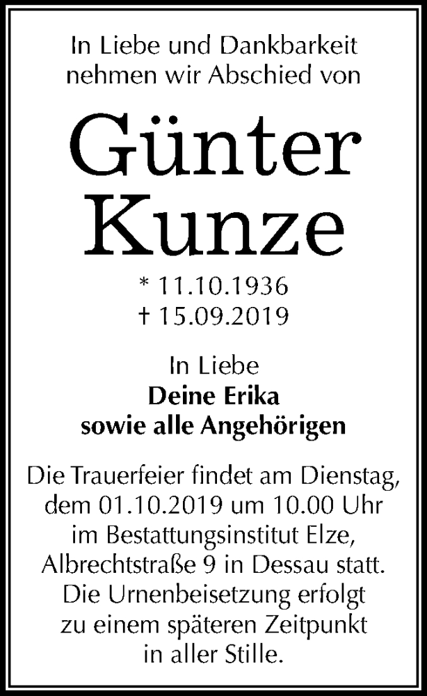  Traueranzeige für Günter Kunze vom 21.09.2019 aus Super Sonntag Dessau-Roßlau