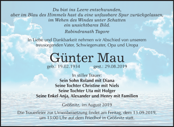 Traueranzeige von Günter Mau von Wochenspiegel Naumburg/Nebra