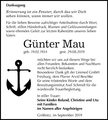 Traueranzeige von Günter Mau von Wochenspiegel Naumburg/Nebra